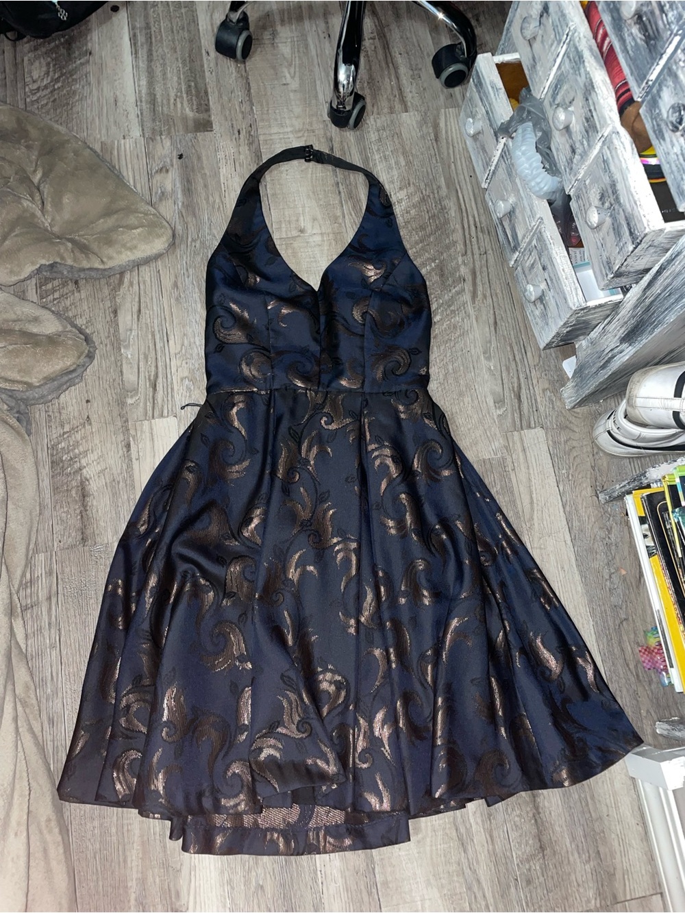 Muse One-Shoulder Navy Dress with Bronze Metallic Swirl